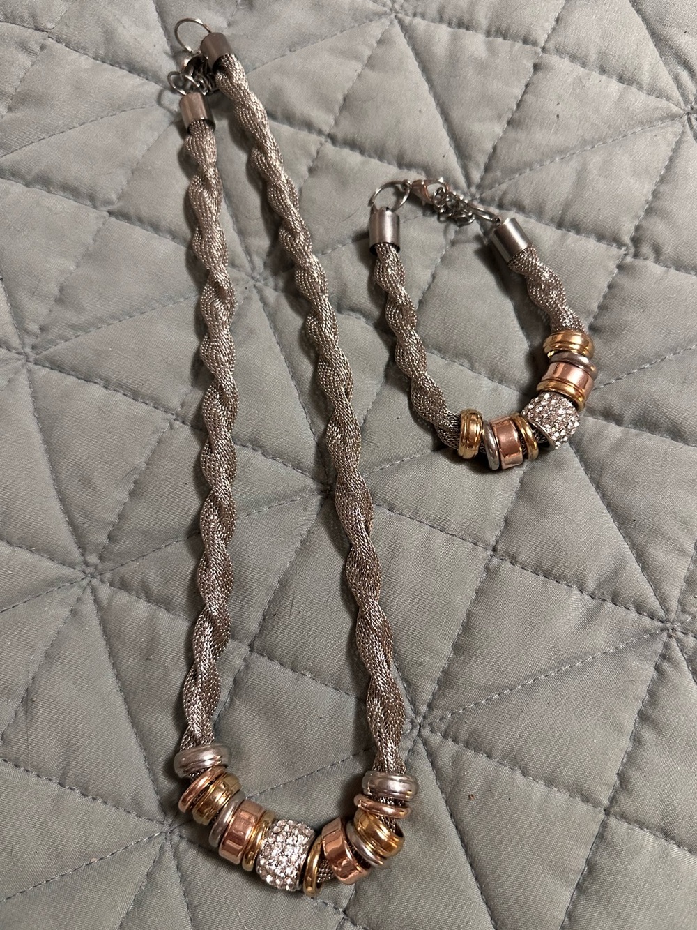 Mixed Metal Braided Necklace & Bracelet Set - Silver and Rose Gold